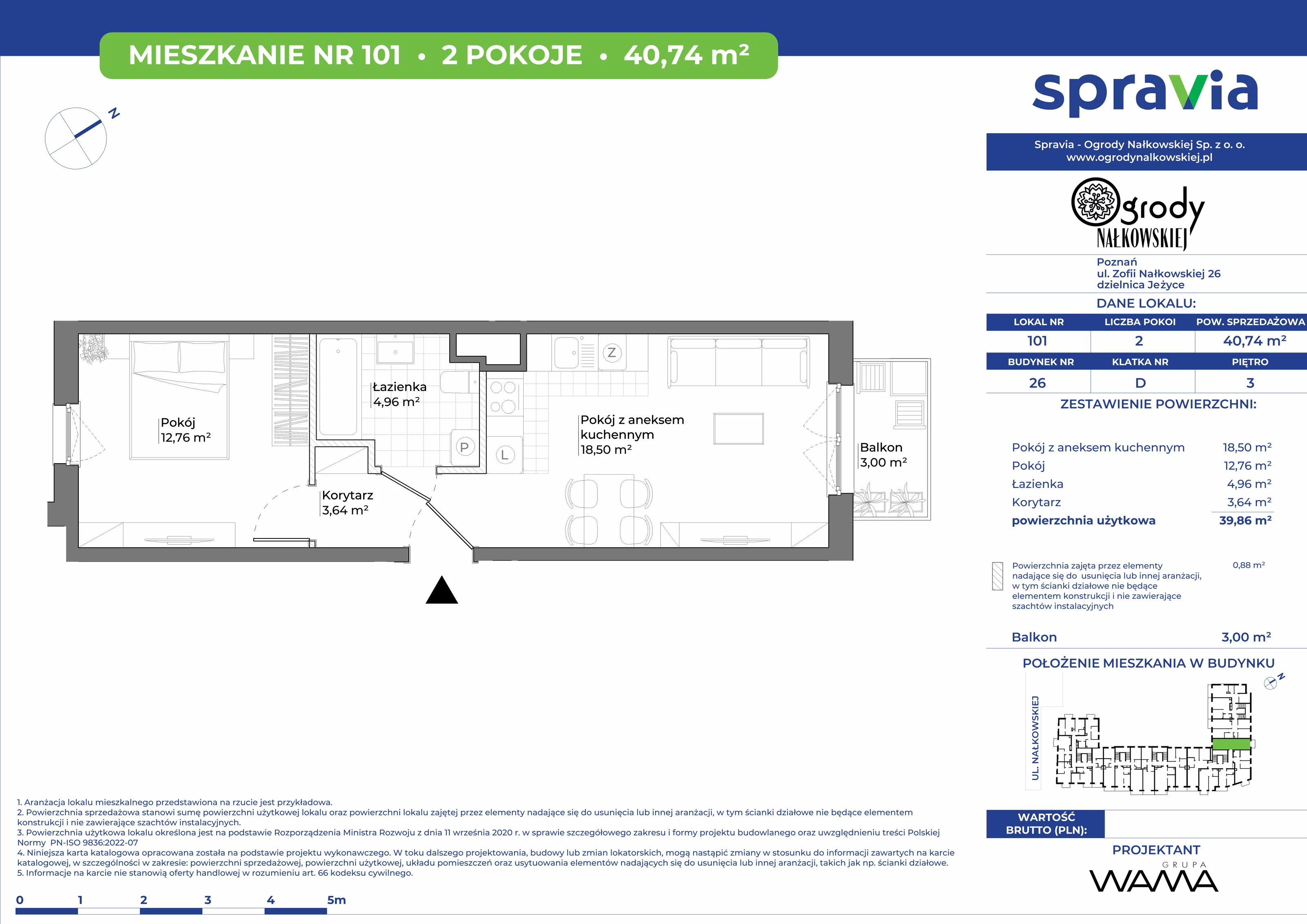 2 pokoje, mieszkanie 40,74 m², piętro 3, oferta nr 26-101, Ogrody Nałkowskiej, Poznań, Ogrody, ul. Nałkowskiej 24, 26